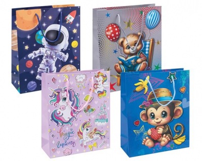 Ajándéktáska, zsinórfüles, 25x30x10 cm, DONAU "Home", vegyes gyermek minta